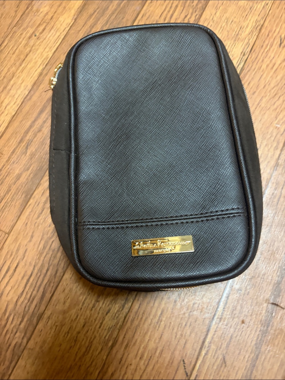 Salvatore Ferragamo Black Leather Toiletry Pouch with Gold Plaque